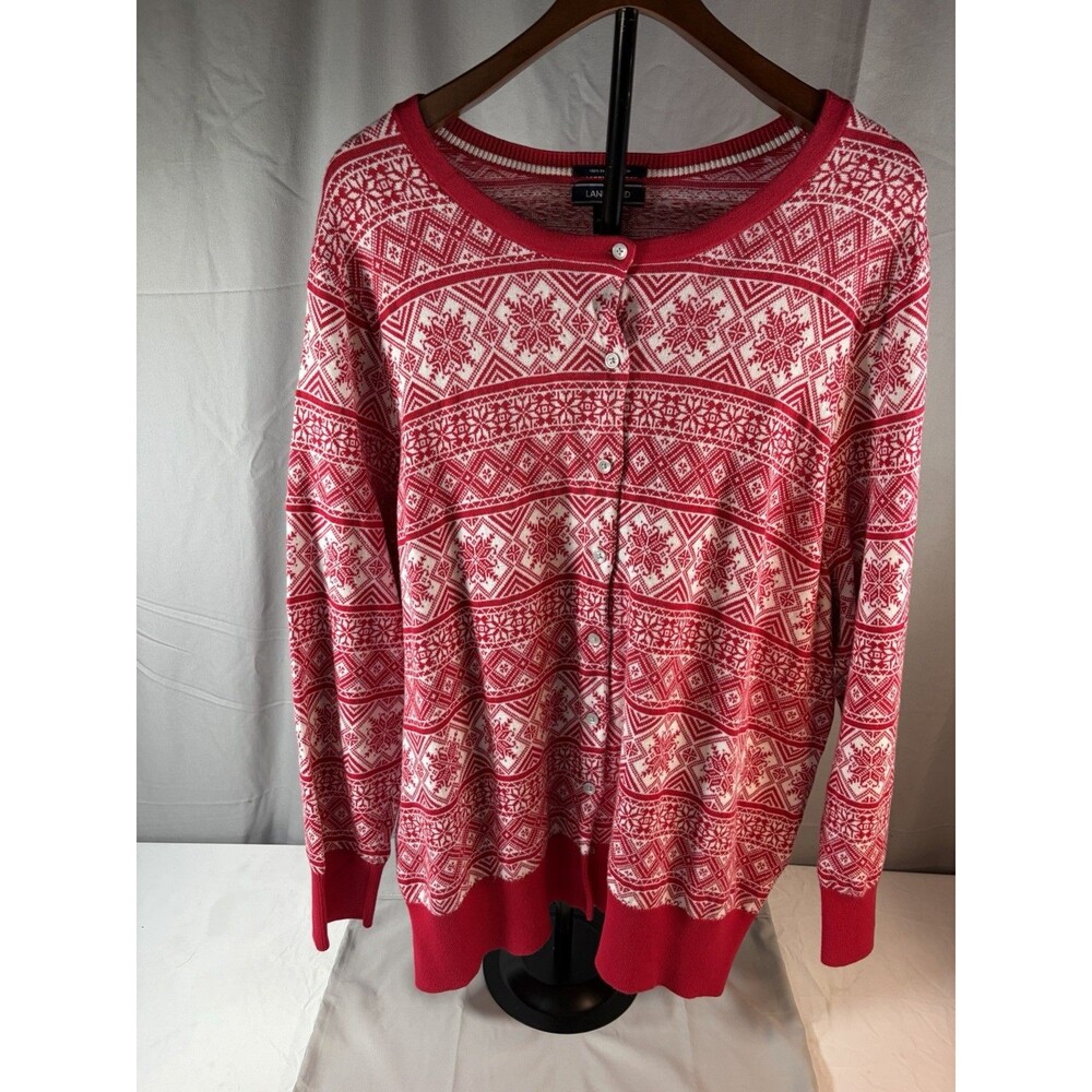 Lands End Womens 3XL Supima Cotton Red & White Snowflake Cardigan Button Sweater